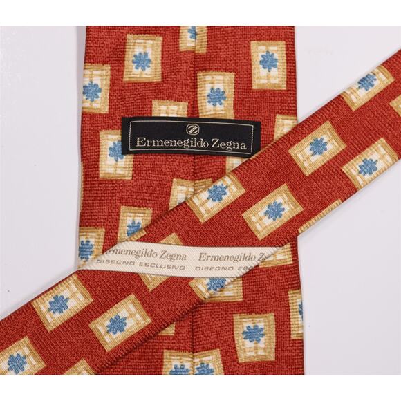 Ermenegildo Zegna Gold Orange Geometric Print Silk Necktie Tie - Picture 5 of 7